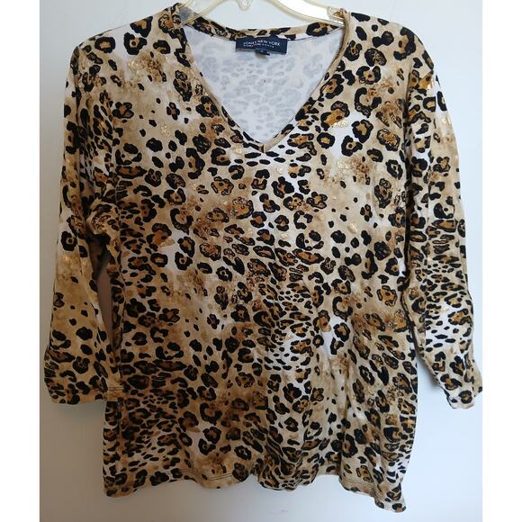 Jones New York Animal Print Top V Neck 3/4 Sleeve Pull Over Shirt Gold Black 1X - Picture 1 of 4